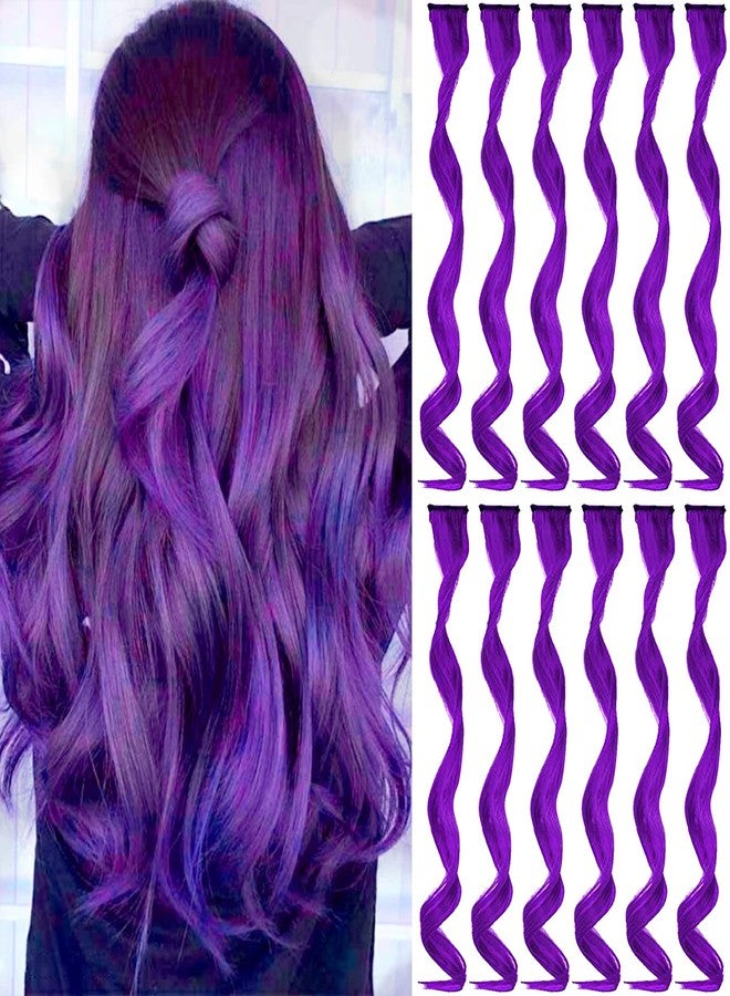 GPOVVIMX 12 PCS Purple Hair Extensions Clip in, Curly Wavy Colored Extension for Kids Girls - Party Highlights Synthetic Hairpiece 17 inch - Image 1